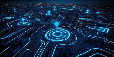 Wall Mural - A futuristic circuit board landscape with glowing blue energy paths weaving, intricate maze-like patterns, circuit board texture, neon light trails, quantum computing concept