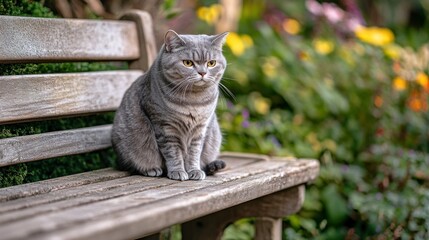 A gray cat sitting calmly on a wooden bench in a vibrant garden setting.