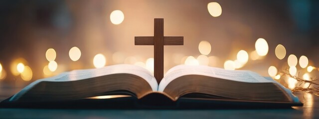 A wooden cross symbol, an open book with pages illuminated by warm bokeh lights, religious faith concept, soft ethereal glow, spiritual atmosphere