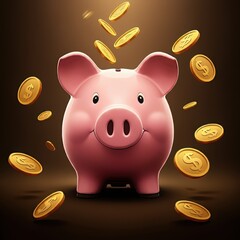 An illustration of a pink piggy bank with a sly and mischievous expression, surrounded by falling golden coins, creating a playful and whimsical scene, digital art, concept of saving money or financia