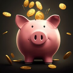 An illustration of a pink piggy bank with a sly and mischievous expression, surrounded by falling golden coins, creating a playful and whimsical scene, digital art, concept of saving money or financia