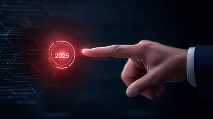 Aufkleber - A businessman is pressing holographic button displaying year 2025, symbolizing future technology and innovation.