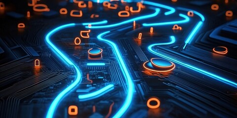 Wall Mural - A futuristic circuit board landscape with glowing blue energy paths weaving, intricate maze-like patterns, circuit board texture, neon light trails, quantum computing concept