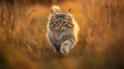 Wall Mural - A majestic cat strides through golden grass during sunset, showcasing its beauty and grace.