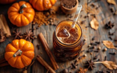 Wall Mural - Pumpkin Spice Latte with Cinnamon Sticks and Star Anise