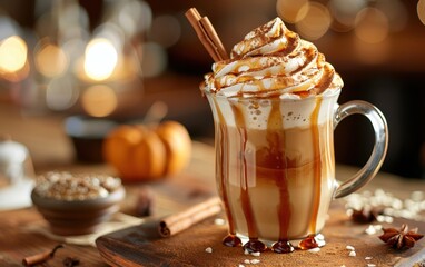 Wall Mural - Pumpkin Spice Latte with Whipped Cream and Caramel Drizzle