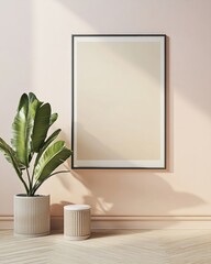 Poster - Modern Minimalist Interior Warm Pastel Peach Wall with Blank Frame Mockup, Wooden Floor, Subtle Ambient Shadows – Serene and Contemporary Design