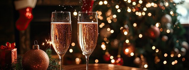 Wall Mural - champagne in glasses christmas concept. Selective focus