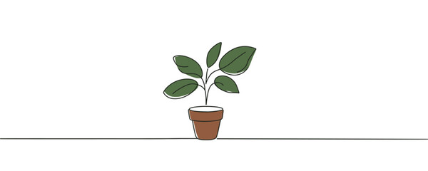 Continuous one line drawing of plant in pot. Beautiful plant in one line style. Vector illustration