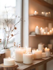 Aufkleber - Tranquil Morning at a Cozy Candle Shop with Flower-Shaped Candles and Coffee Bar - Inviting Atmosphere and Warm Lighting