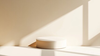 Poster - Minimalist Pastel White Circular Podium on Light Brown Background with Soft Shadows and Diffused Bright Lighting in a Modern Monochromatic Setup
