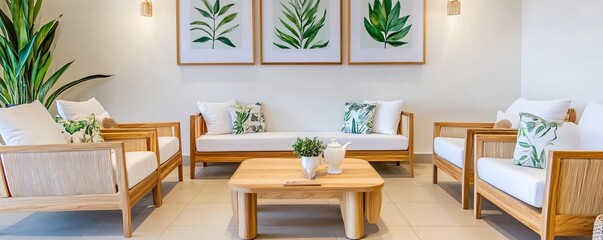 Wall Mural - Elegant tea lounge in a day spa with natural wood decor and botanical prints