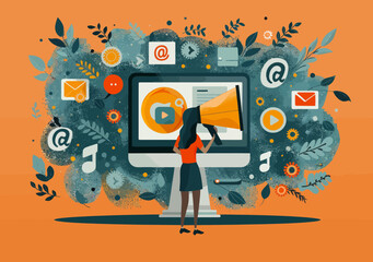 Poster - woman using megaphone for digital marketing strategy on social media networks with colorful icons ar
