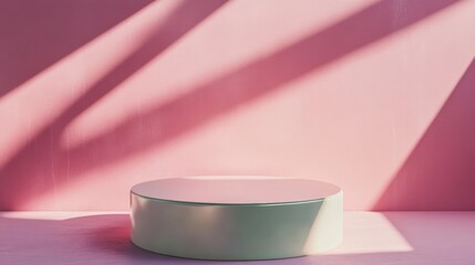 Poster - Neon Pink Minimalist Mockup with Circular Podium, Sharp Shadows, and Monochromatic Background for Product Display
