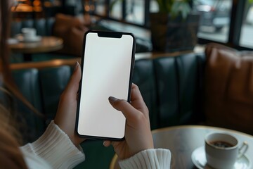 Mockup image of a beautiful woman pointing finger at a mobile phone with blank white screen