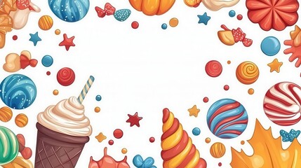 Halloween candy party, ice creamthemed with festive treats, flat design illustration