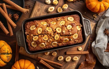 Wall Mural - Freshly Baked Banana Bread with Fall Decorations