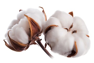 closeup of two cotton blossoms with brown seed pods