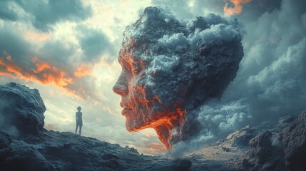 Poster - A person stands in front of a large rock formation that looks like a face