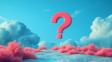 Wall Mural - A pink question mark is floating in the sky above a field of pink flowers