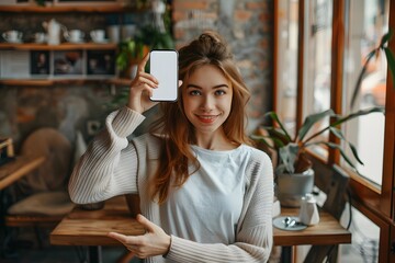 Mockup image of a beautiful woman pointing finger at a mobile phone with blank white screen