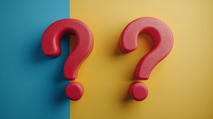 Two red question marks are on a yellow and blue background