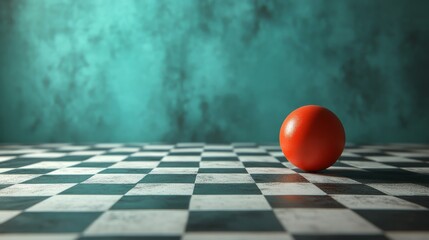 Wall Mural - A red ball is sitting on a checkered floor