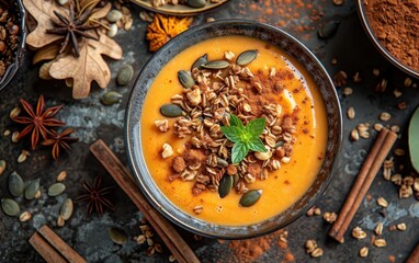 Wall Mural - Delicious Pumpkin Smoothie Bowl with Toppings