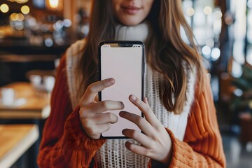 Mockup image of a beautiful woman pointing finger at a mobile phone with blank white screen