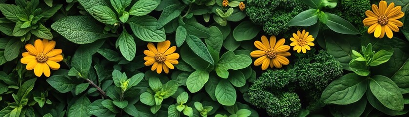 Assorted vibrant herbs and flowers, topdown view, lush green and yellow tones