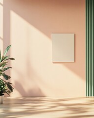 Poster - Minimalist Interior Featuring Empty Peach Wall Mockup with Poster, Wooden Floor, Motion Blur, and Warm Natural Light