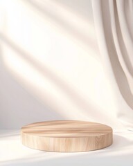 Poster - Minimalist Wooden Podium in Bright, Diffused Lighting with Pastel Gradient Background – Modern and Serene Stock for Product Showcase
