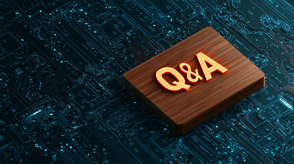 Poster - Q and A text glowing on wooden background, set against futuristic circuit board design, evokes sense of technology and inquiry.