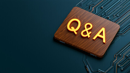 Poster - Wooden Q and A sign glowing on futuristic circuit background, symbolizing technology and communication.