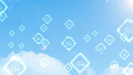 Poster - Animation of 6g text and digital data processing over clouds on blue sky background
