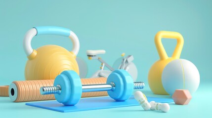 A blue dumbbell resting on a blue mat with a yellow kettlebell, foam roller, and a geometric shape in the background.