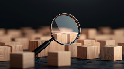 Poster - A magnifying glass hovers over wooden blocks, emphasizing detail and focus in creative setting.