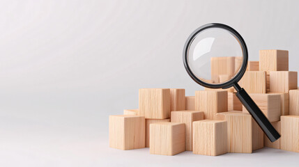Poster - Magnifying glass hovering over wooden blocks, symbolizing exploration and analysis.