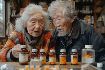 Elderly couple reviewing their medication at home while surrounded by various prescription bottles on a wooden table