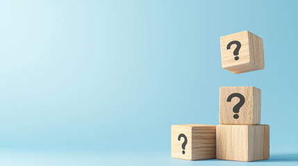 Poster - Wooden blocks with question marks stacked against light blue background evoke curiosity and inquiry.