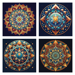 Four intricate gold and blue mandala designs on a dark background.