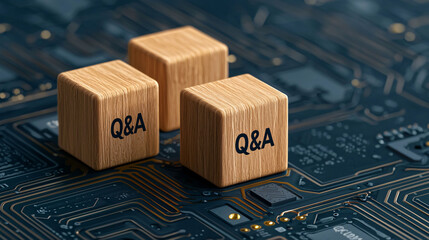 Poster - Wooden blocks with Q and A on circuit board background symbolize inquiry and technology.