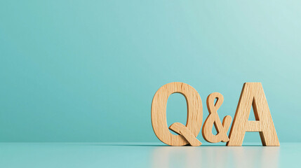 Poster - Wooden Q and A letters on turquoise background create calm and inviting atmosphere. Perfect for educational or informational themes.