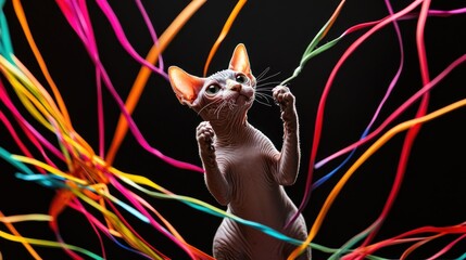 Wall Mural - A playful Sphynx cat interacts with colorful ribbons against a dark background.