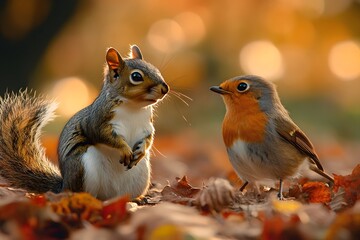 Wall Mural - Squirrel and Robin Encounter in Autumn