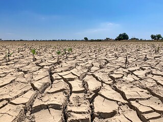 Severe Drought in a Farming Community with Cracked, Dry Earth