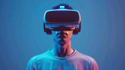 Wall Mural - a young man wearing a vr headset with a blue and purple background.