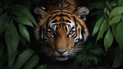 a tiger stalking its prey in the dense jungle, with a sense of stealth and danger.