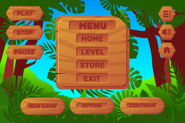 Poster - wooden game interface. cartoon playing menu. jungle location design. screen assets. plywood buttons 