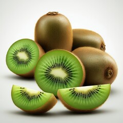 Wall Mural - Highly detailed photorealistic rendering, kiwi fruits sliced open and whole, various angles and perspectives, seeds and fuzzy brown skin textures visible, green flesh contrasting against a white backg